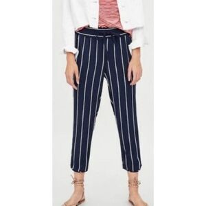 Zara TRF Striped Straight Leg Crop Trousers Drawstring Waist Womens Size XS Navy